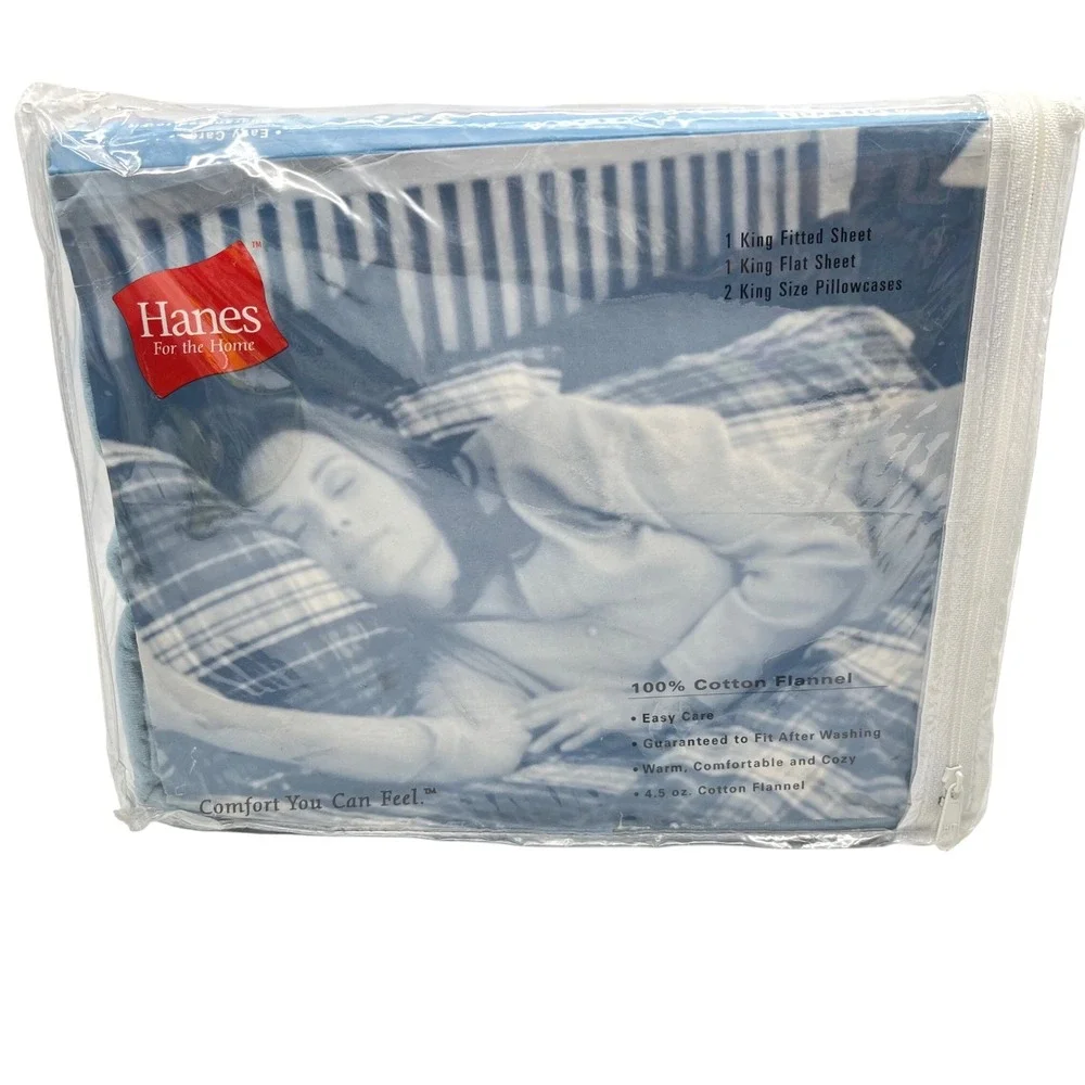 Hanes 2001 King Sheet Set 100% Cotton Flannel Blue Extra Deep Pockets NEW
